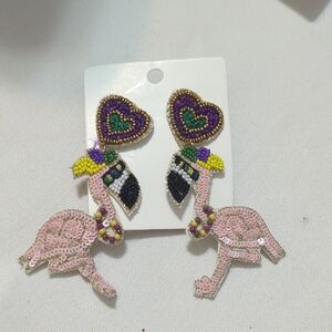 Pink Flamingo Mardi Gras Beaded Earrings